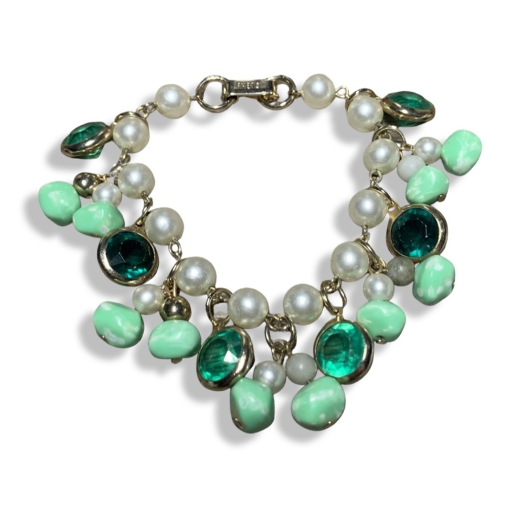 Vintage Designer Signed AHMET Gold Tone Green Crystal & Pearl Cha-Cha Bracelet